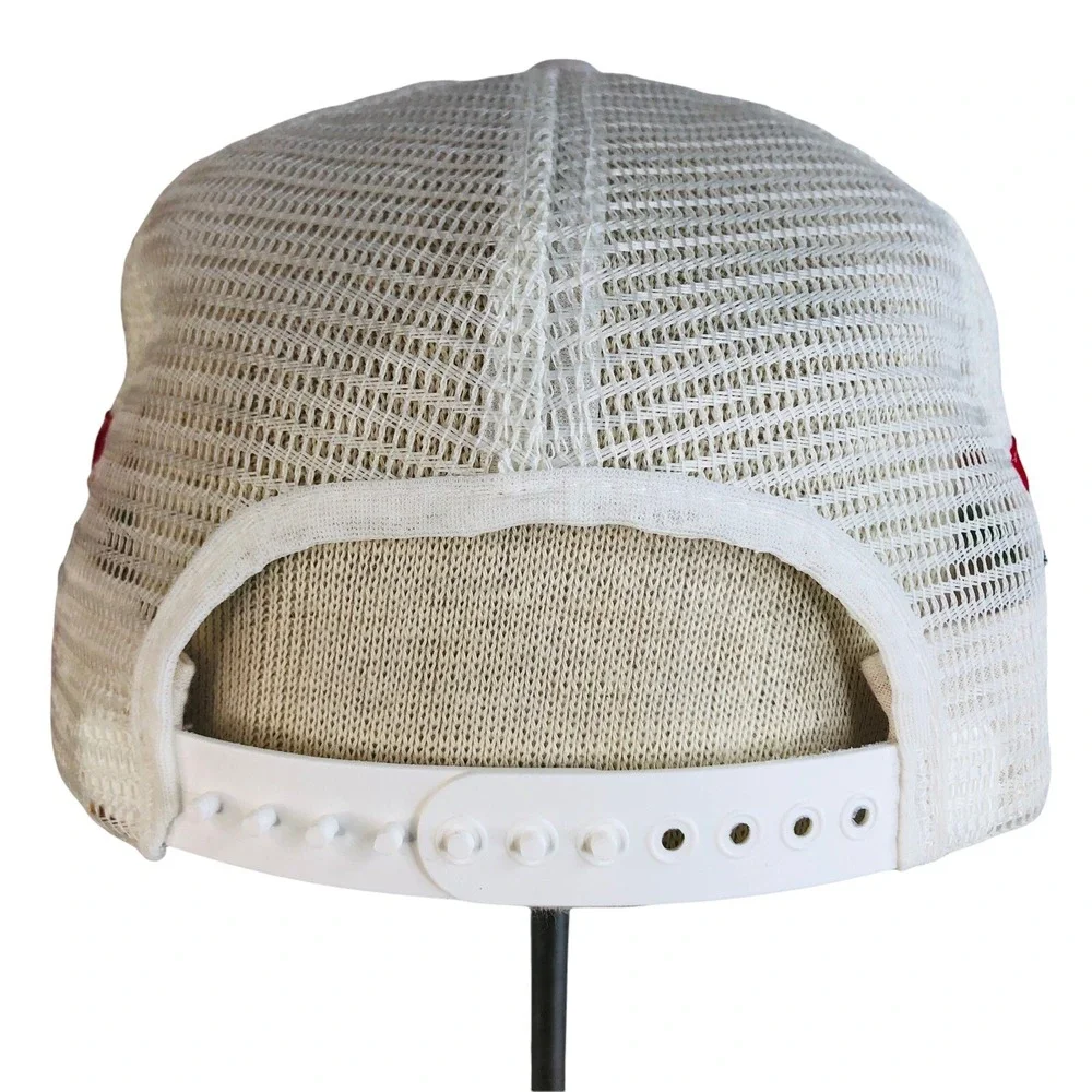 3 Stripe Trucker Hat Swift Eckrich Bars SnapBack Mesh Cap Made In USA White VTG